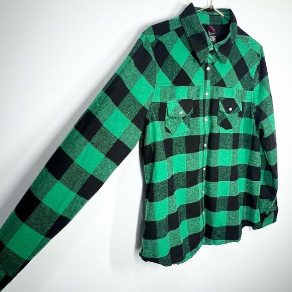 Urban Groove Green Black Plaid Pearl Snap Grunge Y2K Button Down Flannel Shirt L - Picture 2 of 10